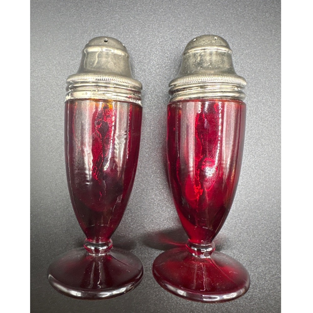 Vintage Fenton Amberina Red Salt Pepper Shakers Art Deco Glass Set 4 Inch